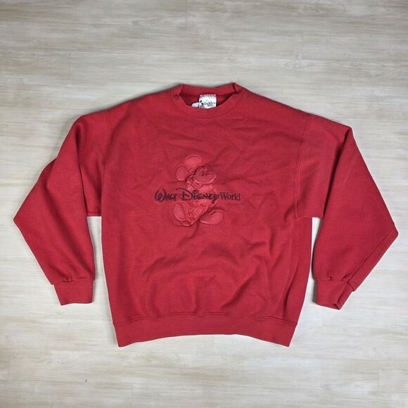 Y2K Walt Disney World Mickey Mouse Sweatshirt Size Medium Red Embossed Print - Picture 1 of 7